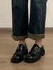 Versão em Couro~Estilo Britânico Versátil Bico Quadrado Salto Bloco Sapatos Femininos para Outono e Inverno, Mocassins Retro de Solado Grosso para Aumentar a Altura