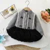 Suéter Infantil Otoño e Invierno Nuevo Estilo Niña con Adorno de Encaje y Lazo Cardigan de Punto Estilo Coreano Falda de Malla Tutú de Moda