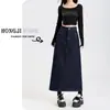 Falda de Mezclilla Azul de Cintura Alta para Mujer Otoño 2025 Nueva Falda de Longitud Media Holgada con Efecto Adelgazante para Personas Bajas