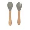 Cuchara Tenedor de Silicona para Bebé Dumo con Mango de Madera traje Cuchara Tenedor para Alimentación Infantil Suave Resistente a Caídas Alimentos Complementarios para el Hogar del Bebé