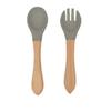 Garfo e Colher de Silicone com Cabo de Madeira para Bebê Utensílios de Mesa Infantis Suplemento Alimentar de Treinamento para Bebês Cabo de Madeira Silicone Macio Colher e Garfo Podem Morder Portátil