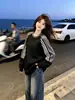 Sudadera con capucha de retazos de color liso y a rayas, cuello redondo, personalidad simple y de nicho, para mujer, otoño e invierno, nueva, holgada, versátil, estilo casual, top