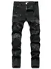 Jeans masculino preto de verão com bordado e rebites no estilo street style transfronteiriço, jeans casual slim fit de cintura média, jovem e moderno