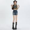 Saia Jeans Stretch de Cintura Alta Estilo Americano Feminina 2025 Forro Anti-Exposição Sexy Petite Saia Evasê Mostrando Pernas Longas