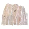 Pijama Cruzado para Mujer para Primavera y Otoño, Algodón Nube Cuello Redondo Pulóver Manga Larga Lindo Dibujo Animado Cuadros Ropa de Casa que se Puede Usar Afuera