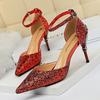 283-5 Moda Europea y Americana Sexy con Cortes para Discoteca Ajustados Tacón Metálico Tacón Alto Sandalias Brillantes con Lentejuelas de Una Tira