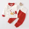 Roupa de Ano Novo para Bebê, Conjunto de Roupa Térmica Infantil de Duas Peças, Roupas para Bebê Recém-Nascido Outono e Inverno, Vermelho Festivo de Ano Novo