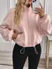 Chaqueta corta casual holgada de manga larga con cuello alto, cremallera completa, bolsillos y cordón, estilo cruzado europeo y americano para Amazon 2026