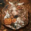 Placa de Madeira de Coelho Menina Halloween Retrô Decoração de Abóbora Morcego Estilo Country Americano Artesanato Lembrança
