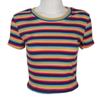 Camiseta Corta de Ombligo Expuesto para Mujer de Manga Corta con Rayas Arcoíris Ajustada Camiseta que Muestra el Ombligo Nuevo Estilo Hyun-elegante Top de Cintura Alta