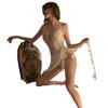 Lencería sexy de noche dorada, camisón sexy con tirantes y escote en V profundo, perspectiva de malla, tentación, camisón de media longitud para mujer