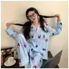 Novo conjunto de pijamas femininos para primavera e outono 2026, algodão nuvem, manga longa, gola pequena, manga longa, calça longa, conjunto de roupa para casa