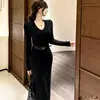 Vestido de tricô feminino para outono e inverno, vestido interno longo, elegante, com caimento justo e que valoriza a silhueta