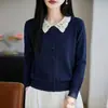 Cárdigan de punto en capas estilo francés con cuello de muñeca de encaje para mujer, para ir al trabajo, con bloques de color, rejuvenecedor, adelgazante, suéter versátil para usar como prenda exterior
