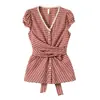Comercio Exterior Ropa de Mujer 2026 Verano Nuevo Estilo Coreano Versátil Camisa de Cuadros Rojos Camisa de Manga Corta con Cuello en V para Mujer