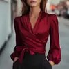 Nuevo Top de Satén con Cuello en V, Cintura de Corbata, Temperamento, para Mujer, Sitio Independiente de Amazon Europeo y Americano