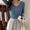 7702 # Hilo de Mecha # Foto Oficial Otoño Nuevo Suéter Básico de Punto para Mujer Aspecto Adelgazante Color Sólido Cuello en V Manga Larga