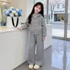 Conjunto de Moletom com Hot-fix de Strass para Meninas, Jaqueta com Corte Curvo e Calça Wide-leg, Conjunto de Duas Peças, Outono 2026, Novo Estilo, Cardigan Esportivo