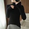 Suéter de Lã Pura Gola Alta Feminino Cor Sólida Suéter de Listras Verticais Cor Sólida Emagrecedor Suéter de Tricô Temperamento Simples Camisa Básica Outono