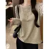 Camiseta de manga larga a rayas de bloques de color estilo coreano para mujer, nueva camiseta básica de otoño, holgada y estilizada, top relajado y casual estilo coreano