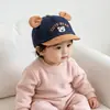 Boné de beisebol infantil em blocos de cor jeans com orelhas de urso, Boné fofo de urso com aba curva, Proteção solar para meninos e meninas