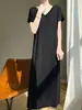 Vestido de punto para mujer, color liso, cuello en V delantero y trasero, estilo casual suelto para el trabajo, seda helada, con cuentas, delgado, por encima de la rodilla