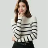 Suéter de cachemira pura para mujer, cuello alto medio, a rayas, cálido, corte ajustado, casual, moderno, capa base versátil