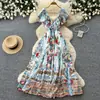 Vestido Estilo Férias com Decote V Babados Estampa Floral para Mulheres Cintura Alta Linha A Barra Larga Vestido de Fada Verão Elegante Barra Larga Vestido Longo