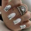 Uñas Postizas de Longitud Media Cuadradas Europeas con Polvo Plateado Brillante Manicura Francesa Moda Europea y Americana Estilo ins Ojo Brillante Venta al por Mayor Producto Terminado