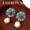 Pendientes Vintage de Plata con Perlas Incrustadas de Diamante, Pendientes Estilo Étnico Retro, Pendientes Exquisitos Versátiles para Mujer