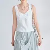 Venta de Liquidación Elegante Chaleco de Lino Puro Cuello en V Ribete de Encaje Sin Mangas Top Blusa de Lino de Verano para Mujer