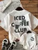Top casual de verano para mujer con estampado a doble cara, estilo sencillo, con un elemento de etiqueta de taza de café helado, cuello redondo, manga corta