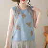 Bordado Floral Novo Estilo Chinês Sem Mangas Top Feminino Verão Novo Temperamento Preguiçoso Gola Redonda Camisa Colete Fina