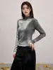 Top de Punto Suave Estilo Coreano con Lunares y Cuello Medio Alto para Mujer Primavera Otoño Volante Delgado Manga Larga Camiseta Base para Superponer