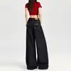Jeans Azules Oscuros de Pierna Ancha para Mujer, Nuevo Otoño Estilo Retro Americano de Cintura Alta Adelgazantes Sueltos con Caída Hasta el Suelo para Mujer
