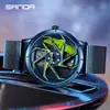 Reloj de cuarzo Sanda para hombre, moderno, sencillo, resistente al agua, creativo, hueco, de cuarzo, con rueda, electrónico.