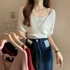 Camiseta de Manga Corta Falsa de Dos Piezas Verano Nuevo Seda de Hielo Corta Tejida Fresca Pequeña Diseño Popular Top Astuto para Mujer