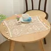 Jogo Americano de Algodão e Linho Estilo Ins Transfronteiriço com Renda de Crochê, Tapete Quadrado Vazado com Franjas, Jogo Americano de Cor Sólida Pastoral, Peça Única Drop Shipping