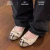 Sapatos Mary Jane casuais versáteis de camurça de ovelha de camada superior, xadrez retrô marrom, bico redondo, de corte baixo, confortáveis, com sola macia