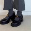 Sapatos de Couro com Solado Grosso e Bico Redondo para Mulheres 2026 Estilo Britânico Versátil Retrô Boca Rasa Tira com Fivela Salto Grosso Sapatos Mary Jane
