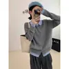 Cardigã de tricô com gola polo cinza para mulheres, outono e inverno, para baixinhas, com design falso de duas peças