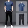 Marca Selecionada Verão Seda Gelo Casual Roupa Esportiva Masculina Tamanho Grande Secagem Rápida Camiseta Manga Curta Calça Longa Conjunto de Duas Peças