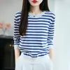26 Novas Cores de Primavera e Verão Color-Blocking Algodão Puro Listrado Moda Jovem Tricô Manga Longa Gola Redonda Suéter Top Feminino