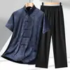 Traje Tang de Estilo Étnico Nuevo 2026 para Hombres, de Mediana Edad y Mayores, Conjunto Hanfu Casual de Seda Helada de Manga Corta para Verano, Atuendo de Papá, Venta al por Mayor