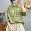 Camisa de Manga Larga de Gasa de Algodón de Doble Capa con Cuello de Solapa a Cuadros Artísticos para Mujer, Estilo Nuevo de Primavera 2026 Camisa Casual a Cuadros de Corte Ajustado