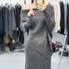 Estilo de lujo ligero, conjunto de top de punto asimétrico sin hombros y falda de punto de cintura elástica, un sofisticado conjunto de dos piezas de suéter