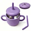 Taza de acero inoxidable con pajita de silicona para niños, taza multifuncional para beber directamente con pajita y doble asa, taza de aprendizaje de estilo creativo