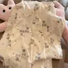 Pijama de urso com acabamento em renda para mulheres, novo estilo primavera e outono, algodão puro, fofo e doce, cardigã de manga longa e calça comprida, roupa de casa