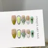 Pontas de unha feitas à mão, de alta qualidade, em formato de amêndoa verde, estilo europeu e americano, nail art com relevo 3D pintada à mão, adesivos para unhas postiças