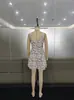 Al por mayor transfronterizo exclusivo 2026 vestido de tirantes estampado azul y blanco con escote en V y encaje floral corto